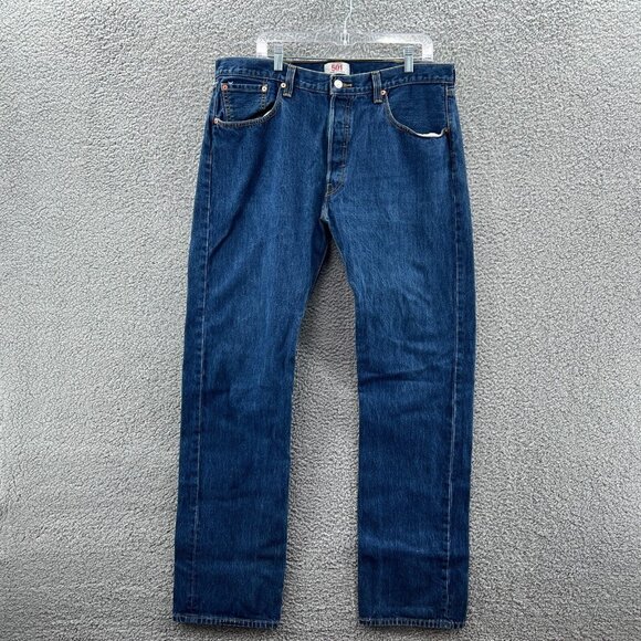 Levis 501 Jeans Button Fly Mens 38 X 36 Straight Leg Blue Denim Classic - Picture 1 of 12